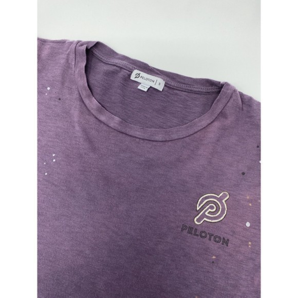 PELOTON‎ Purple Crew Neck Crop Tee with Paint Splatter Size Small